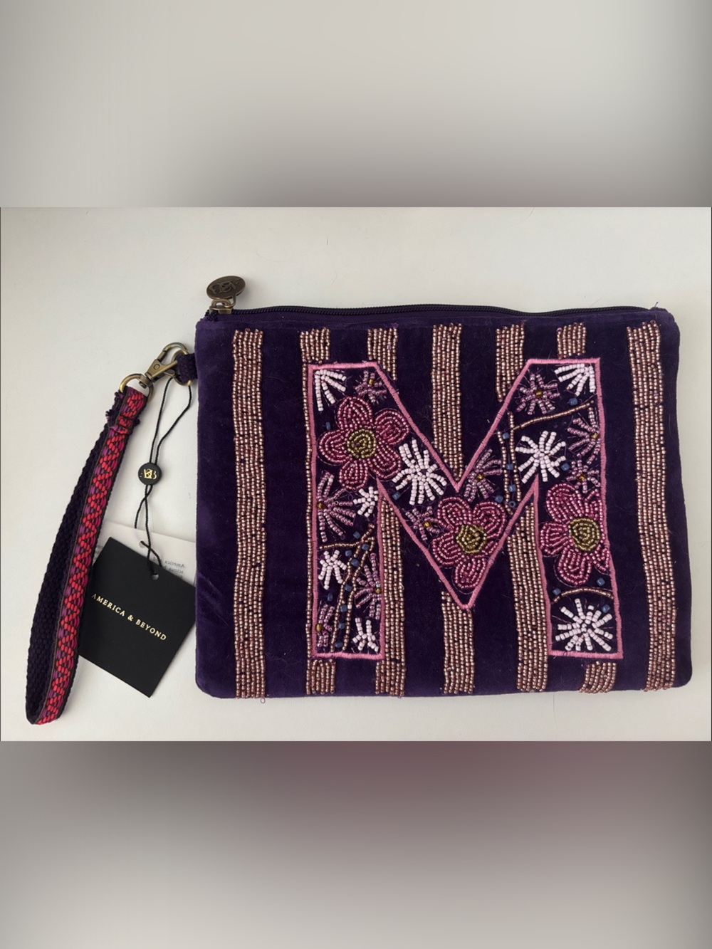 Velvet Embroidered Zipper Pouch - Purple with Pink Beading